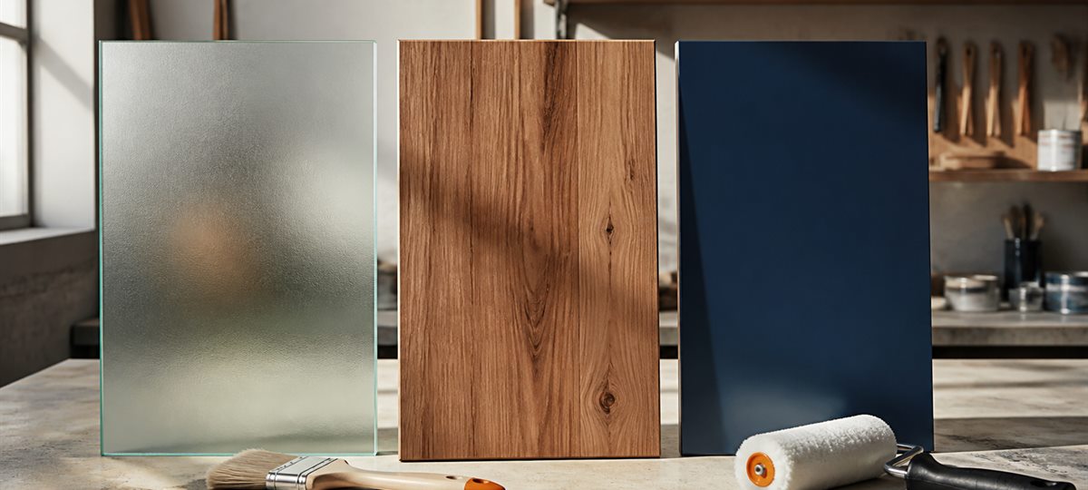 Frosted glass, finished wood and coated metal samples