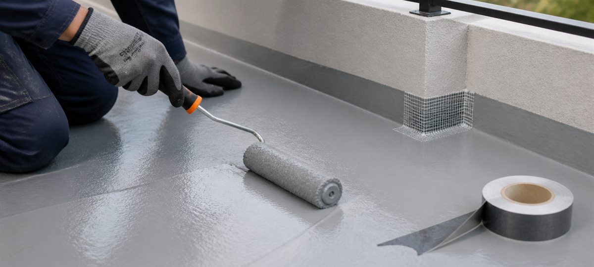 Liquid waterproof coating applied to a balcony