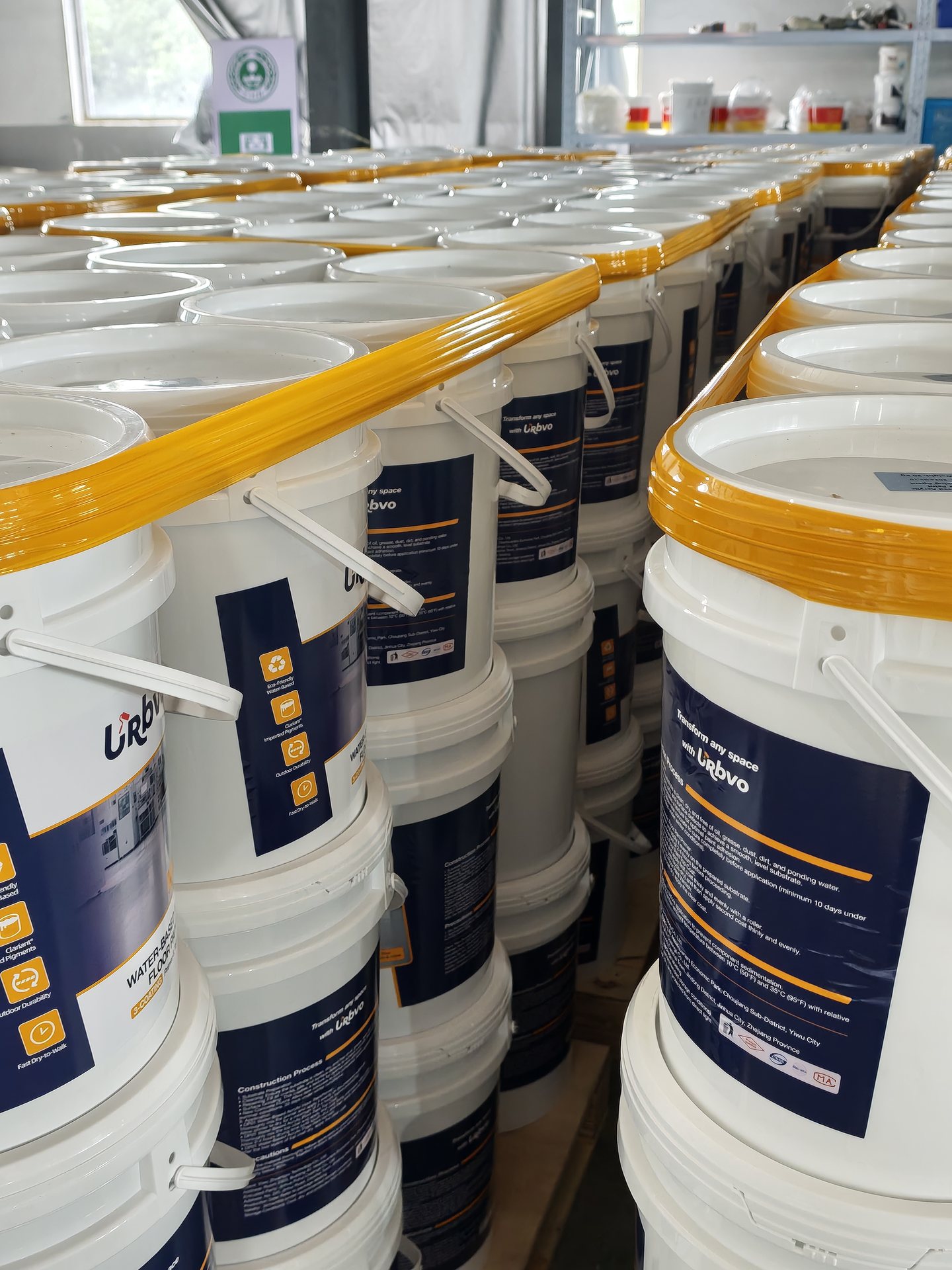 Rows of finished URBVO coating buckets
