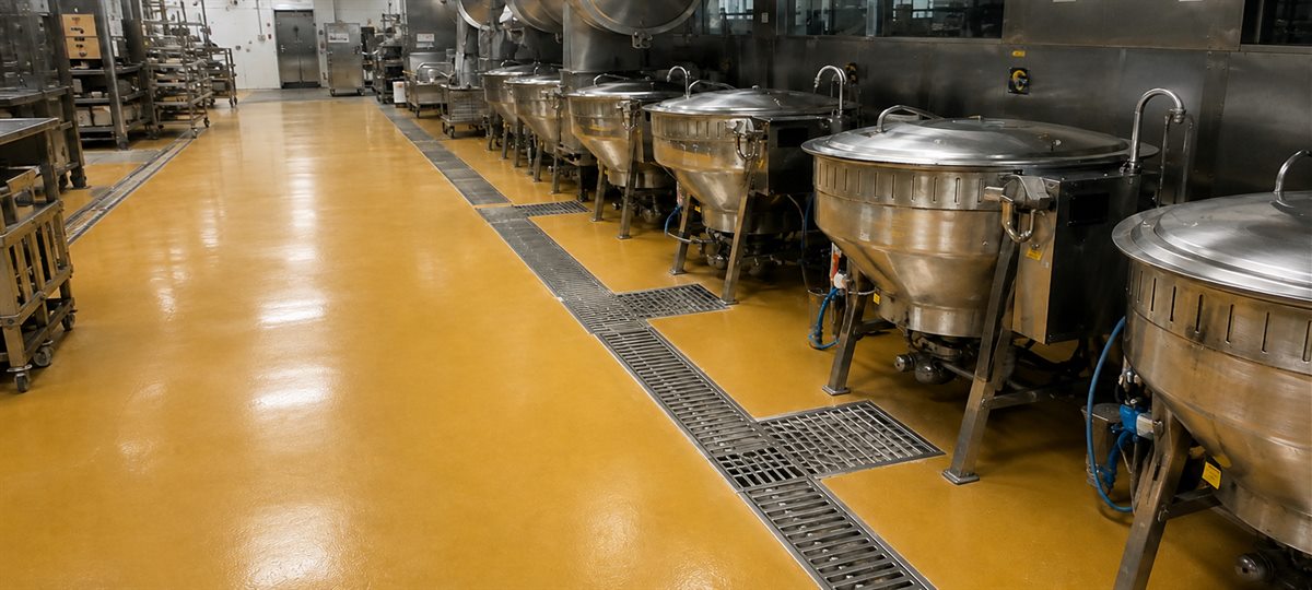 Hygienic cementitious urethane floor with drainage and stainless steel processing equipment
