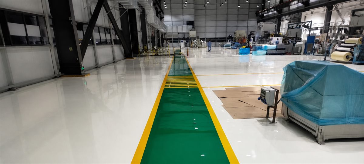 Glossy green epoxy walkway with yellow safety borders in a factory